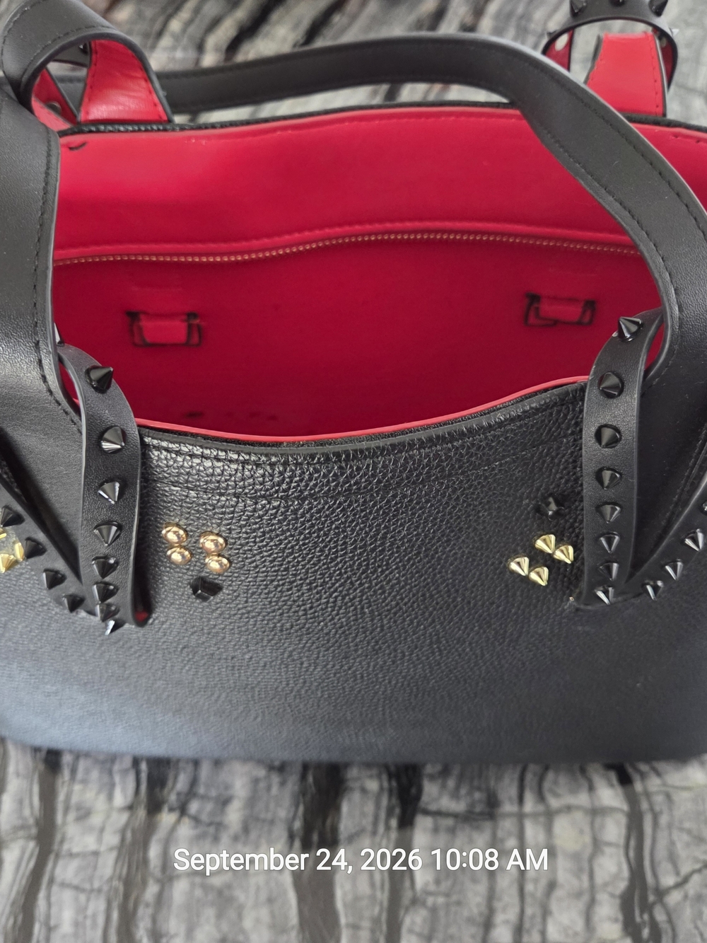 Christian Louboutin Cabata Black Leather Stud Tote with Red Interior Logo Bottom